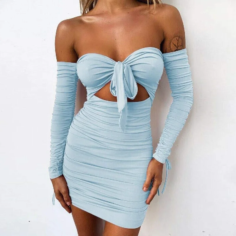 FashionSierra - Women Bodycon Dress Off Shoulder Long Sleeve Hollow Out Solid Clubwear Party Ladies Casual Slim Mini Dress