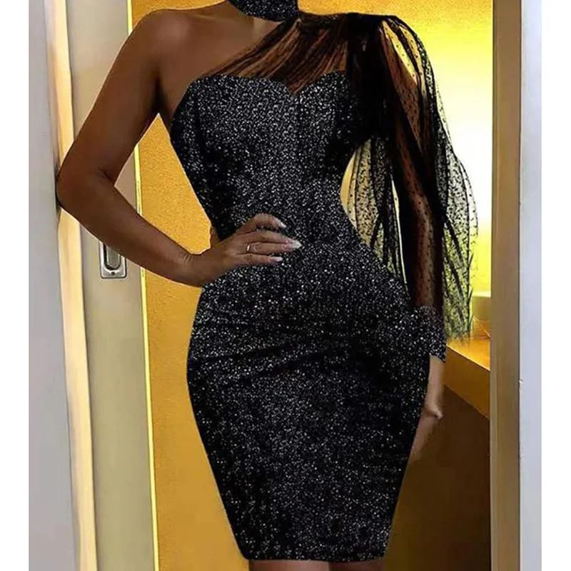 FashionSierra - Women Glitter Mesh Patchwork Bodycon Dress Chocker Neck Black Glittering Mini Dresses Stretchy Party Dress Vestidos Mujer