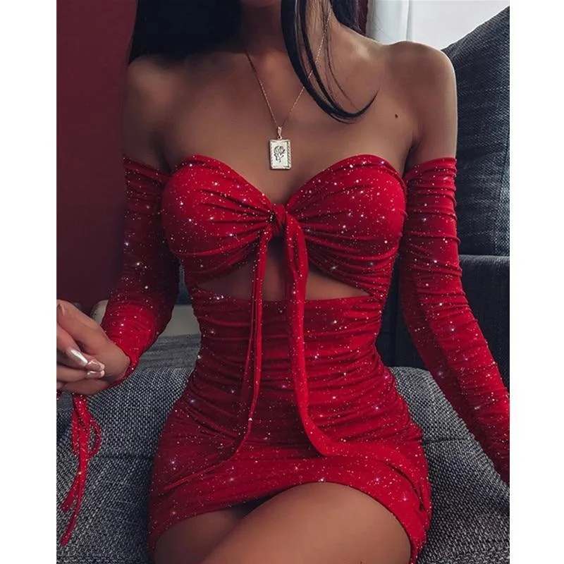 FashionSierra - Women Off Shoulder Glitter Dress Long Sleeve Solid Sexy Party Strapless Mini Dresses Bust Tied Bodycon Ruched Dresses Vestidos