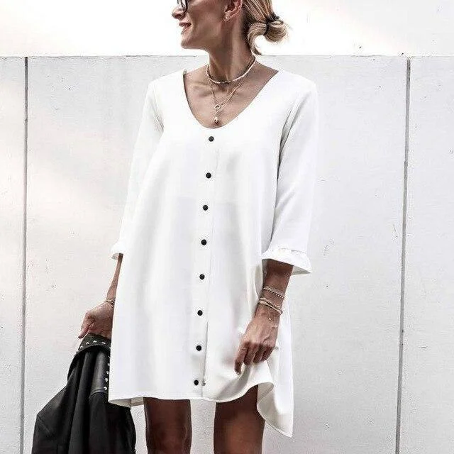 FashionSierra - Women Office Wear Casual White Low Cut Button The Quarter Flare Sleeve Mini Dress Office Wear Ladies  Shirt Dress