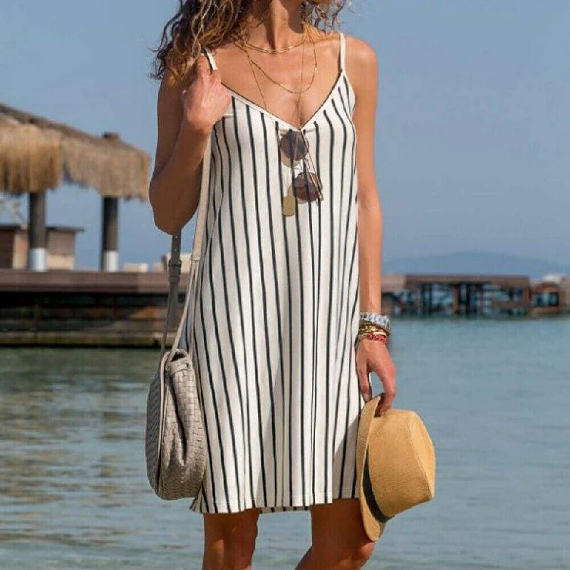 FashionSierra - Women Sexy Strappy Mini Dress Female Summer Casual Household Sleeveless Loose Stripe Short Mini Sundress