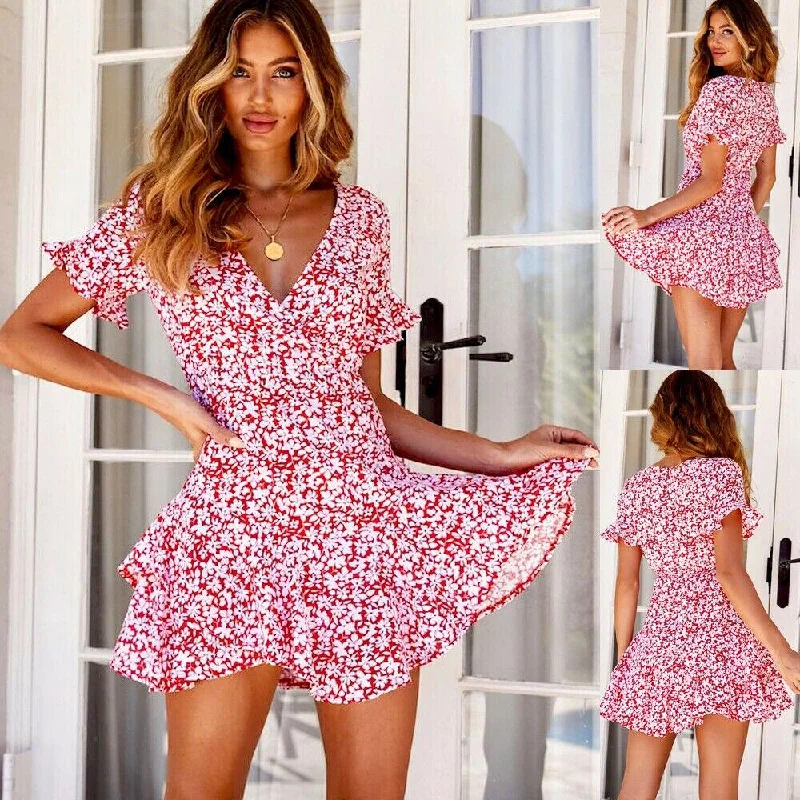 FashionSierra - Women Short Sleeve V-Neck Wrap Boho Floral Mini Dress Fashion Ladies High Waist Holiday Summer Beach Sundress