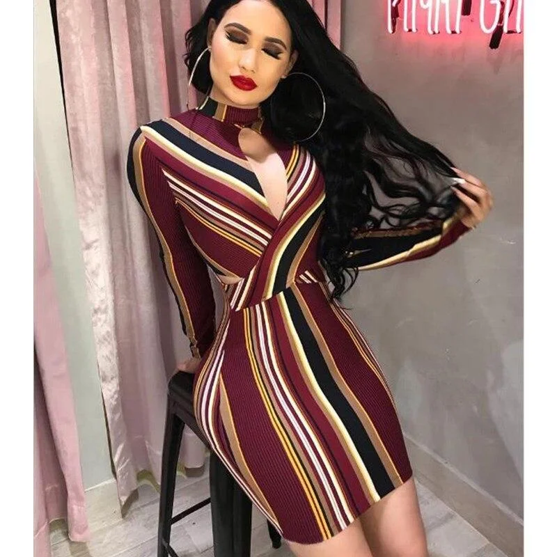 FashionSierra - Women Stripe O-Neck Long Sleeve Bodycon Evening Party Backless Sexy Short Mini Dress Mix Color Striped Dress