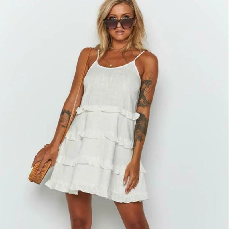 FashionSierra - Women Summer Boho Sleeveless Dress Ladies Casual Party Summer Holiday Beach Ruffle A-Line Short Mini Dress Sundress