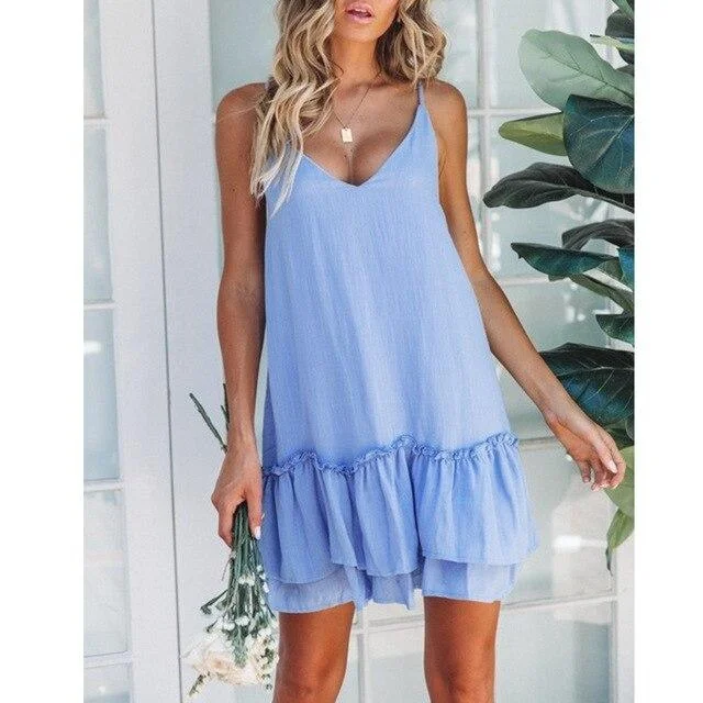 FashionSierra - Women Summer Casual Clothes Blue Ruffle Sexy Mini Dress Spaghetti Strap Off Shoulder Ladies Pleated Dresses Korean Sundress