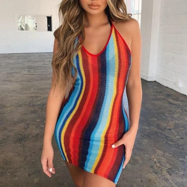 FashionSierra - Women Summer Clothes Sexy Halter Backless Sleeveless Colorful Stripe Bodycon Tunic Mini Dress Elegant Party Club Wrap Dresses