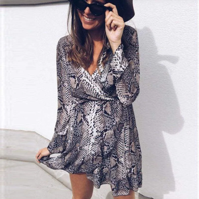 FashionSierra - Women's Boho Mini Dress Long Sleeve V Neck Fashion Snake Leopard Printed Ruffled Frill Party Beach Sundress