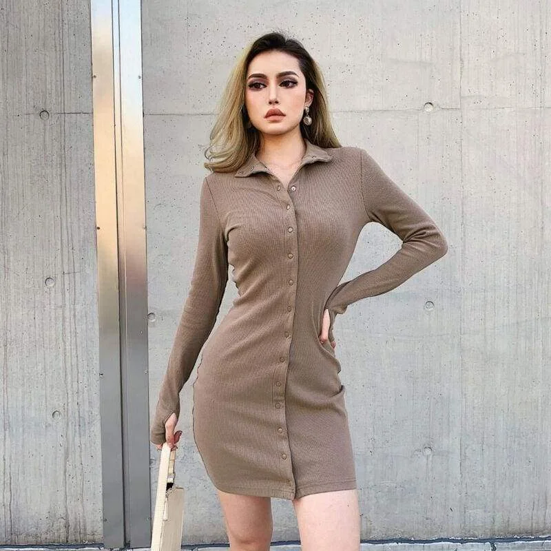 FashionSierra - Women's Button Knit Jumper Long Sleeve Mini Dress Ladies Casual Bodycon Autumn Winter Sweater Slim Fit Dresses