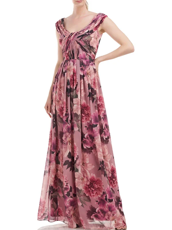 Womens Floral Pleated Evening Dress