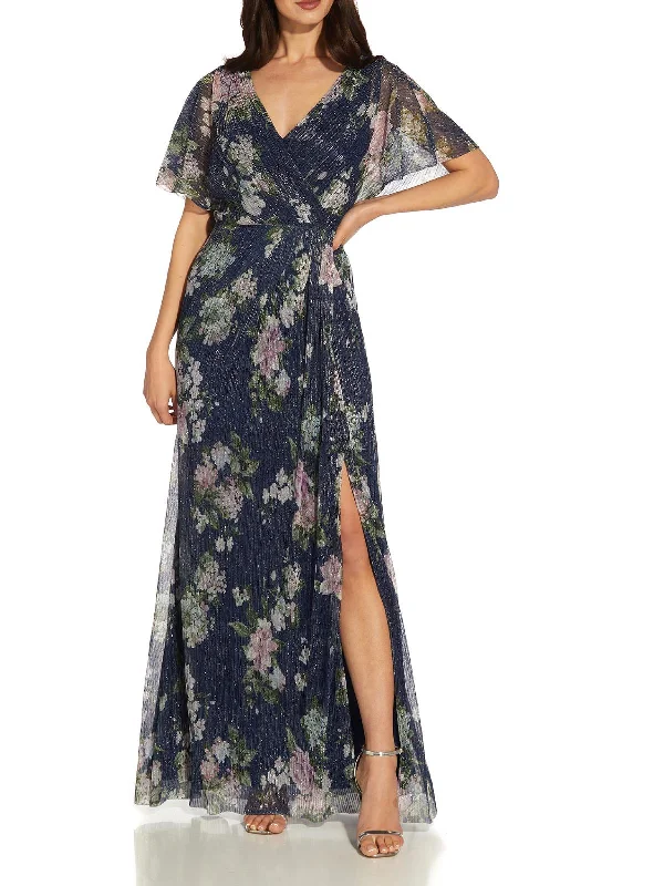 Womens Metallic Floral Evening Dress