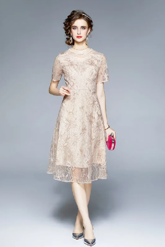 Apricot Evening A-line Crewneck Short Sleeve Below Knee Lace Dress