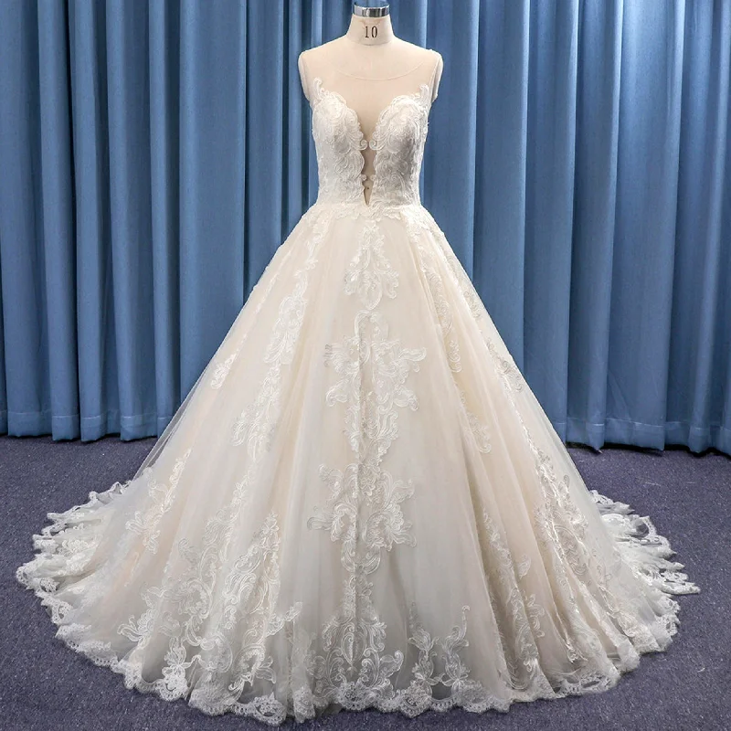 Ball Gown Sheer Neckline Plunging V Tulle Lace Wedding Dress