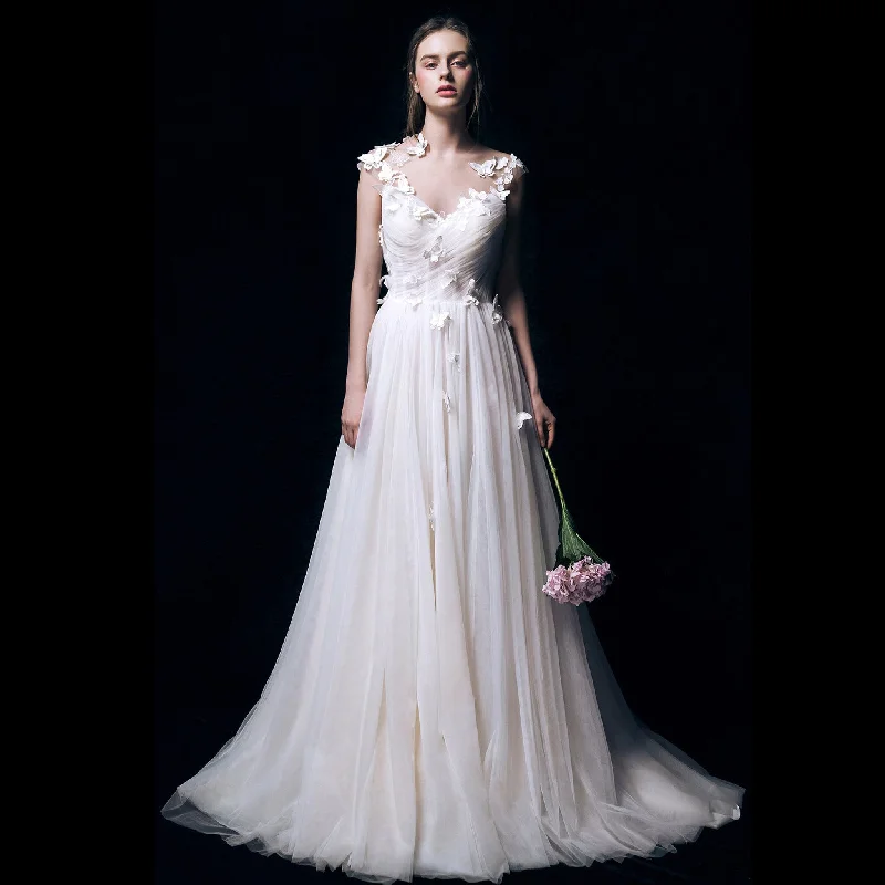 Butterfly Appliqued Tulle A-Line Wedding Dress with Sheer Neck