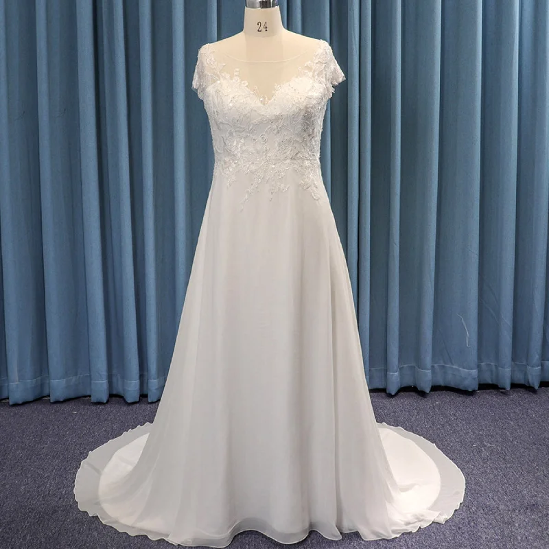 Capped Sleeve Chiffon and Lace Plus Size A-line Wedding dress