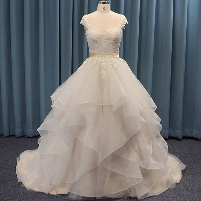 Capped Sleeve Ruched Organza and Tulle ballgown Wedding Dress