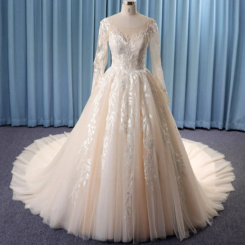 Champagne Sheer Neckline Long Sleeve Ballgown Wedding Dress