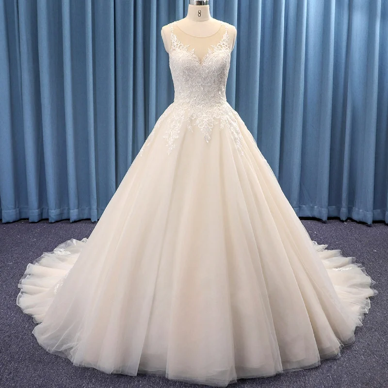 Classic Sheer Neckline Tulle and Lace Ball Gown Wedding Dress