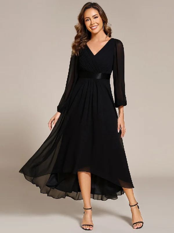 Classical Lantern Sleeve Pleated Decoration Chiffon Evening Dress with Asymmetrical Hem