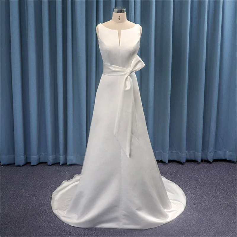 Elegant Boat Neck Plunging V Simple A-line Satin Wedding Dress