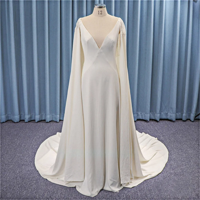 Elegant Detachable Soft Satin Capes Wedding Dresses Sexy V-neck