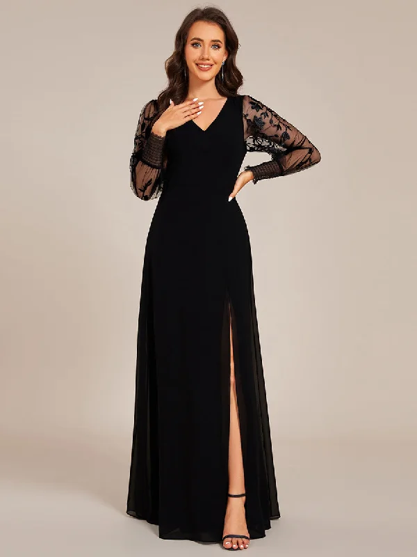 Elegant Embroidery See-Through Design Long Sleeves Floor Length Side Split Hem Chiffon Evening Dresses