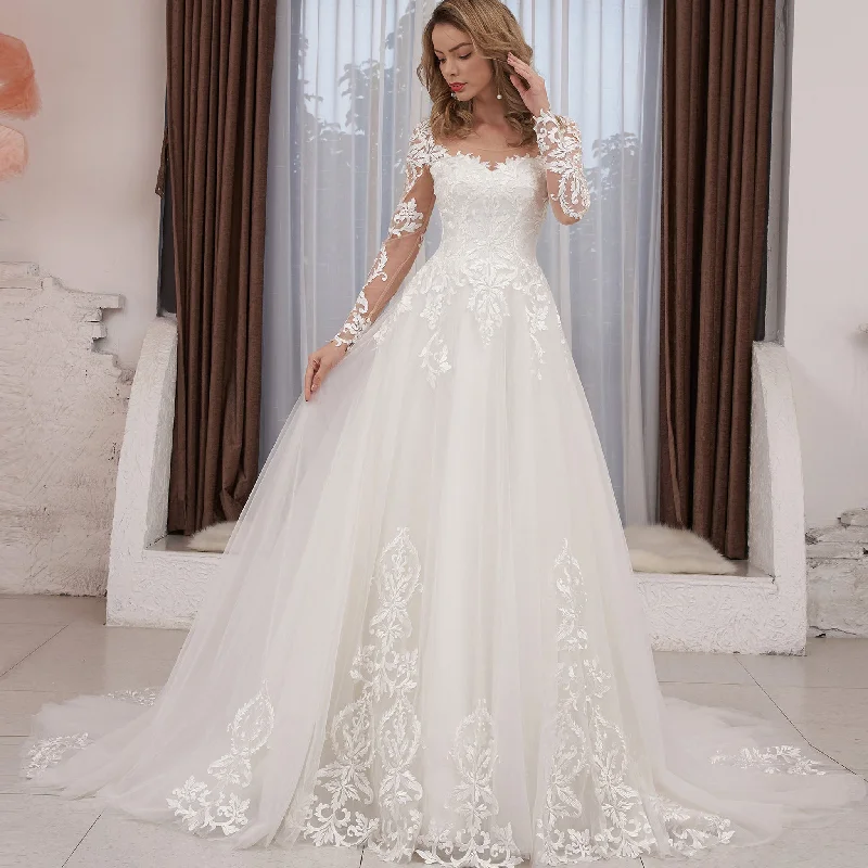 Elegant Long Sleeve Lace and Tulle A-line Wedding Dress