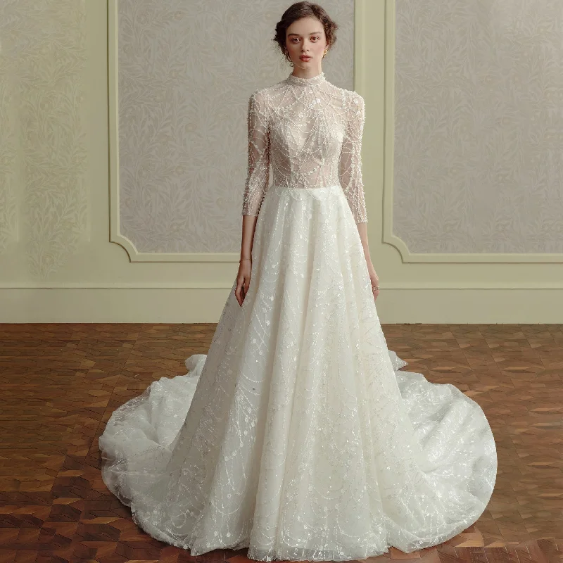 Elegant Sparkly High Neck Wedding Dress with Sheer Bodice