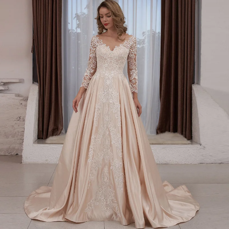 Gorgeous Long Sleeve Lace Satin A-Line Wedding Dress Champagne