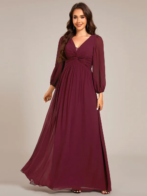 Graceful See-Through V Neck Padded Enough Pleated Decoration Chiffon Evening Dresses