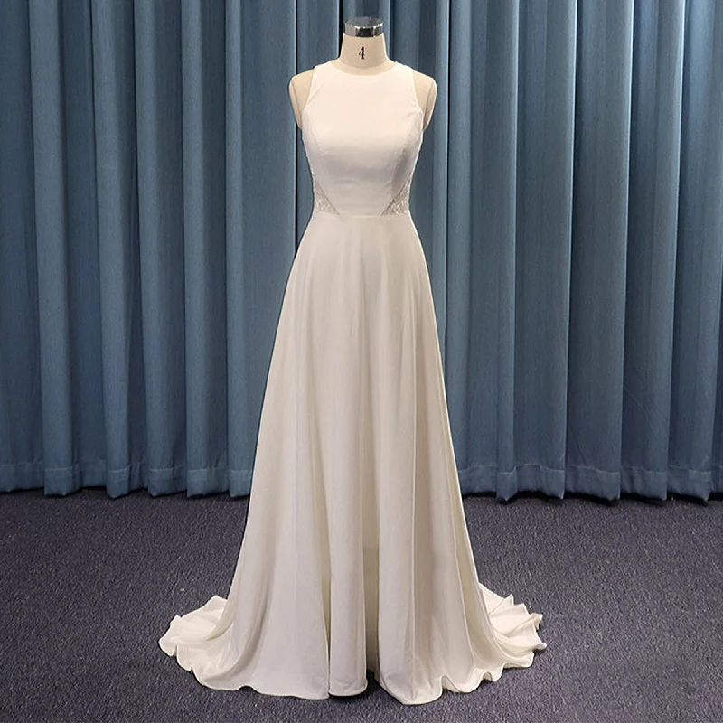 High Boat Neck Simple Satin Sheath Wedding Dress Sheer Back