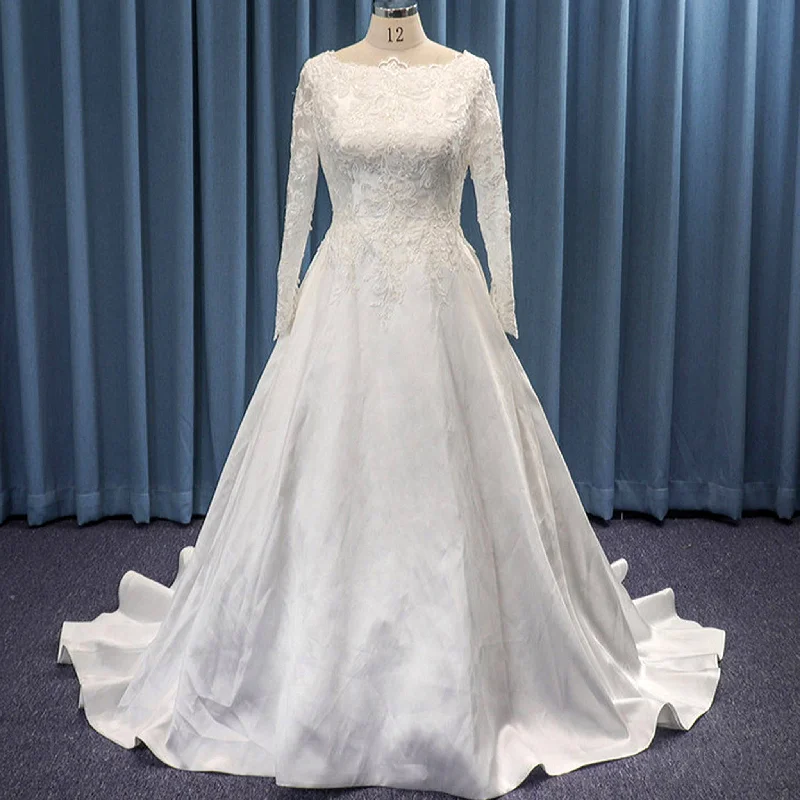 High Boat Neckline Long Sleeve Satin and Lace Wedding Dress