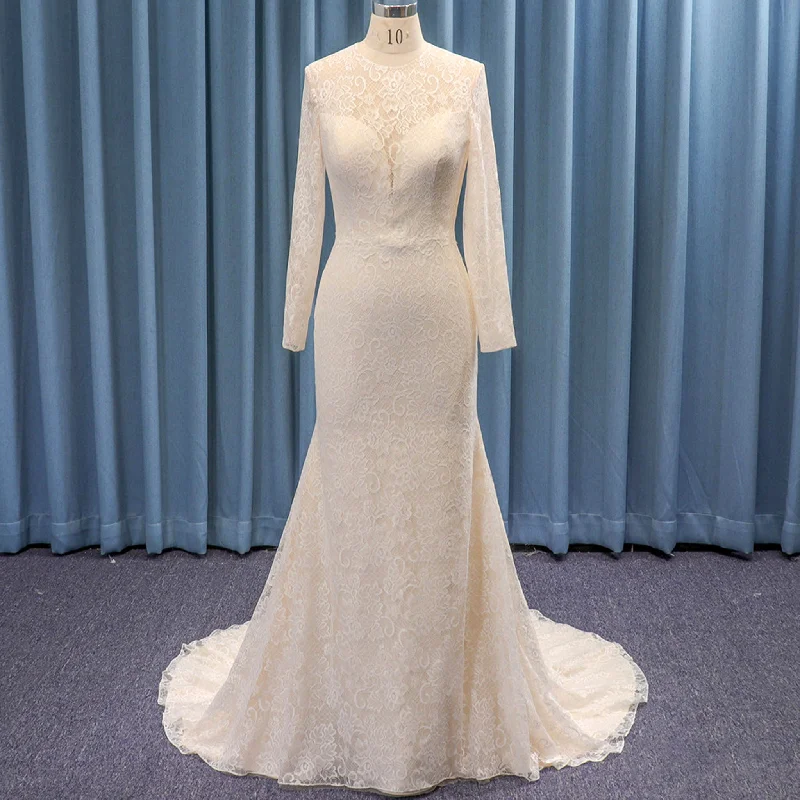 High Neck Mermaid Vintage Lace Wedding Dress with Sheer Neckline