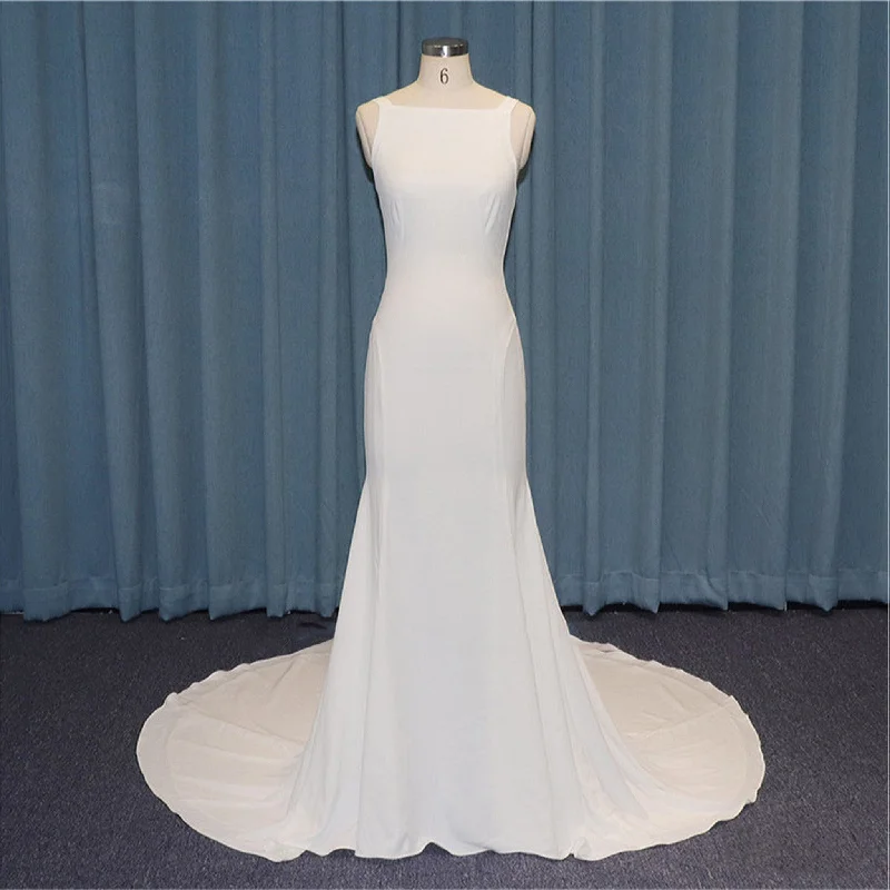 High Boat Neckline Simple Mermaid Satin Wedding Dress