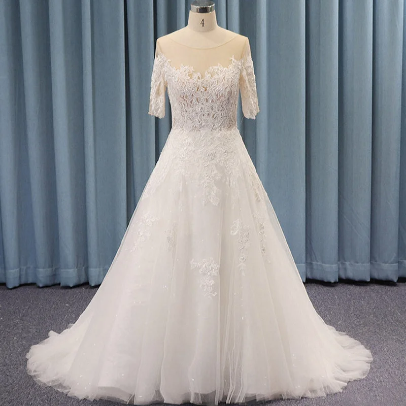 Illusion Short Sleeve Applique Lace Sheer Wedding Dresses