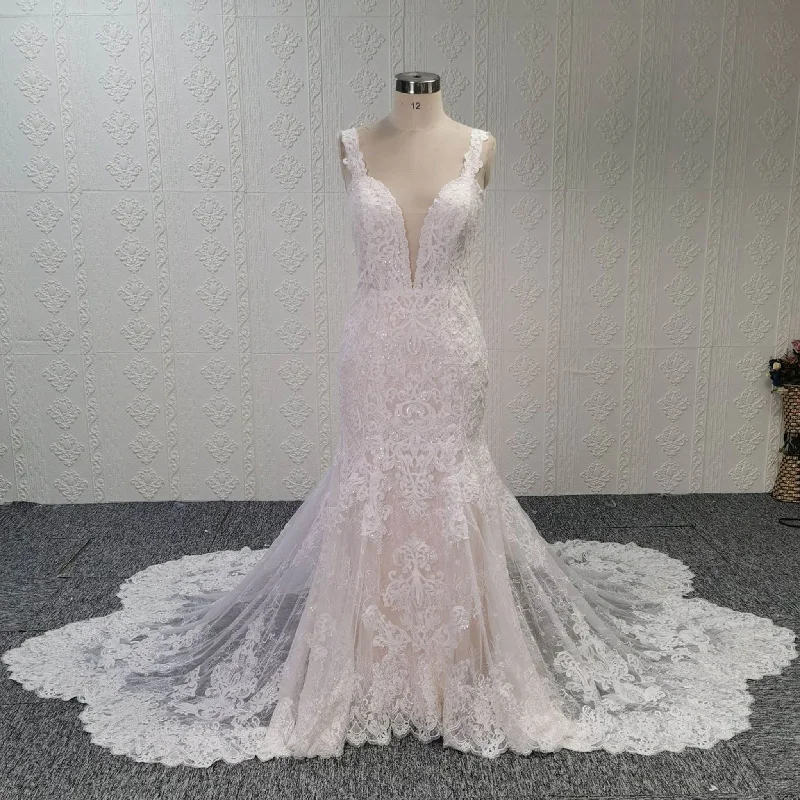 Incredible Plunging V-neck Low Back Lace Trumpet Wedding Dress