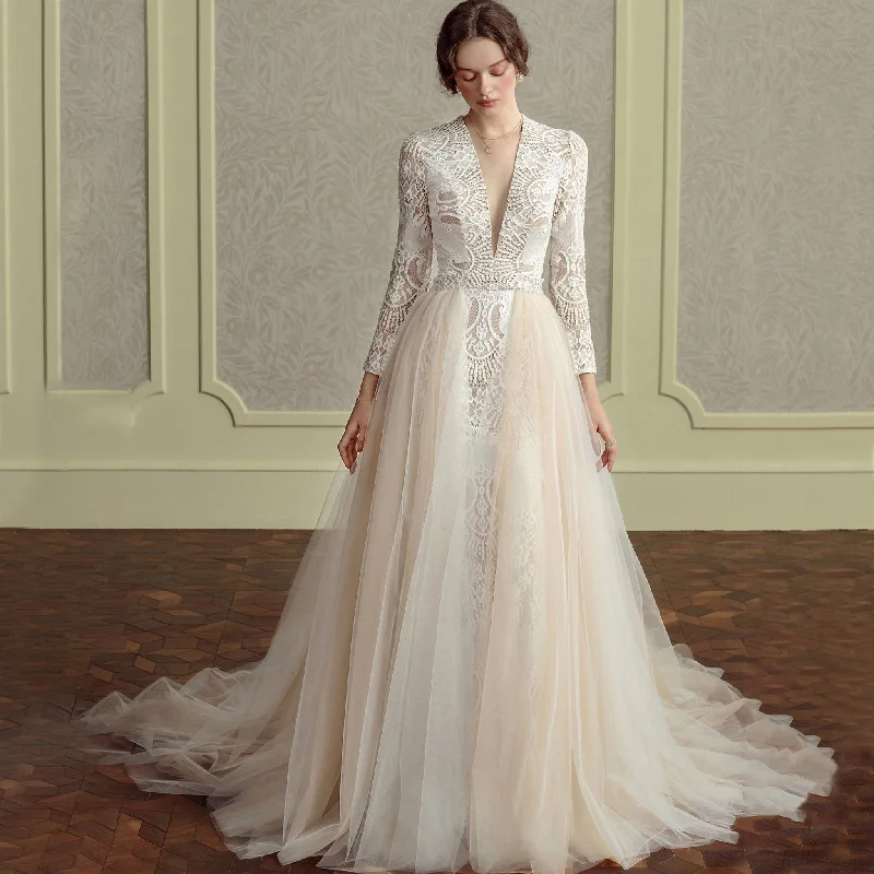 Keyhole Plunging A Line Wedding Dresses with Long Sleeve