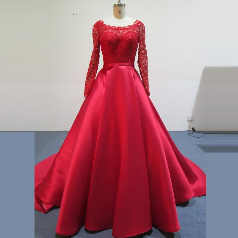 Long Sleeve Low Back A-line Satin Red Wedding Dresses