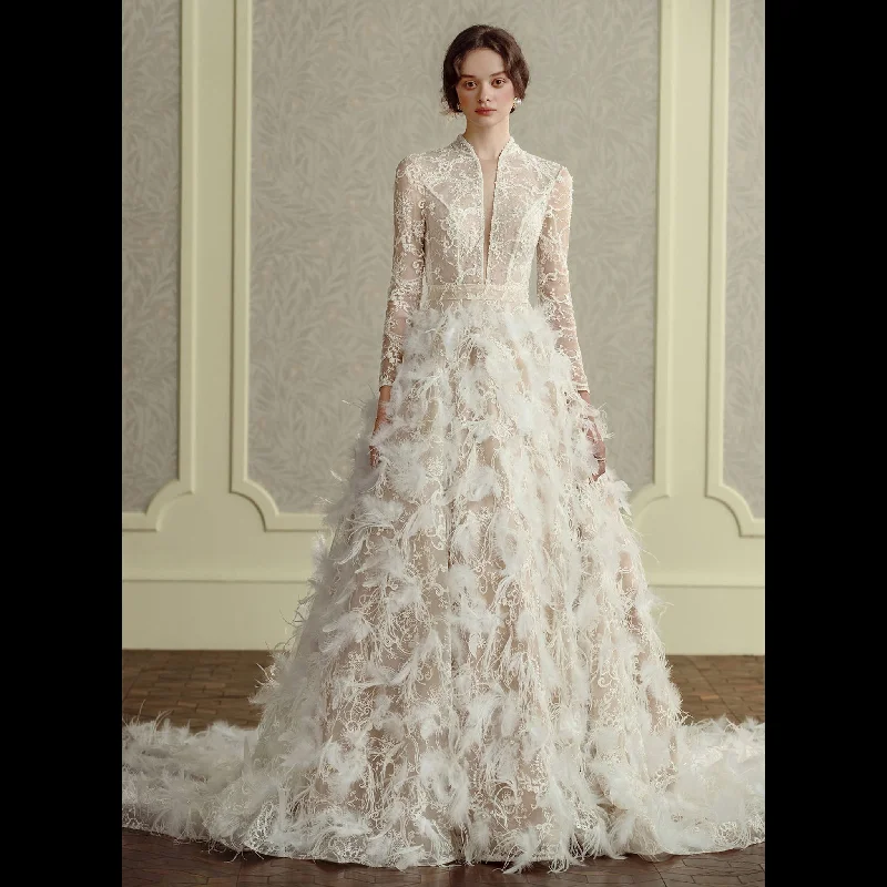 Luxurious A Line Feathers Skirt Wedding Dress with Long Sleeve