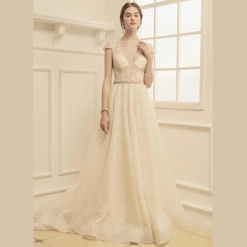 Plunging Deep V Neck A-Line Wedding Dress with Capped Sleeve