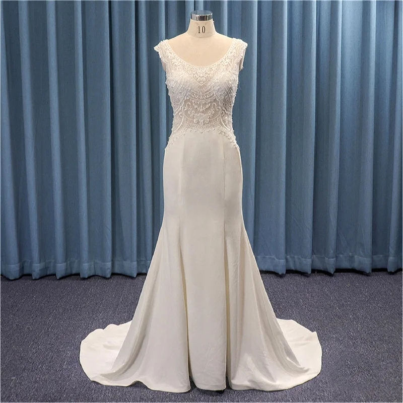 Scoop Neckline Mermaid Satin Wedding Dresses Sheer Bodice