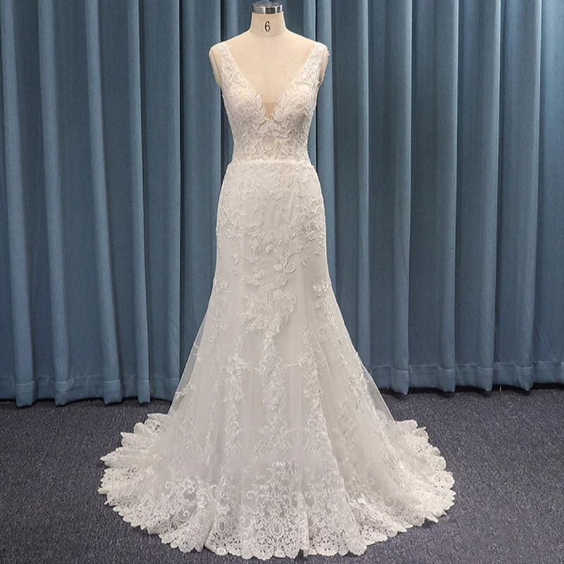 Sexy Deep V-neck Mermaid Lace Wedding Dresses Low Back