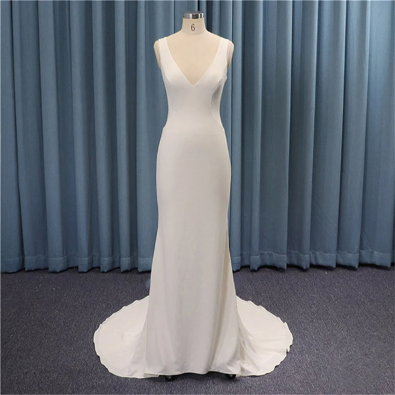 Sexy Deep V-neck Simple Soft Satin Sleek Wedding Dress Fit and Flare