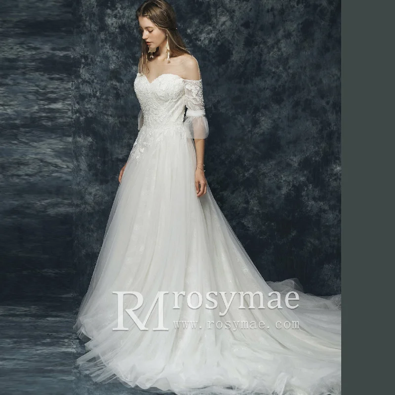 Off The Shoulder A Line Tulle Wedding Dress with Half Sleeve