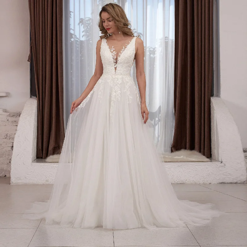 Sexy Plunging V-neck Lace and Tulle A-line Wedding Dress Low Back