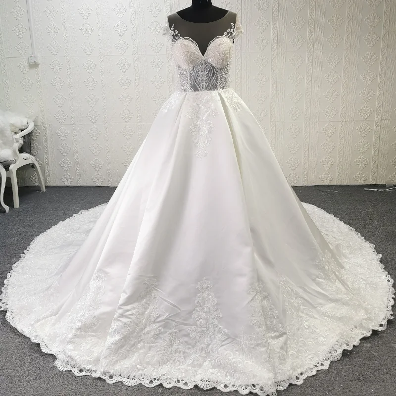 Sheer Bodice Capped Sleeve Satin Wedding Dresses with Lace