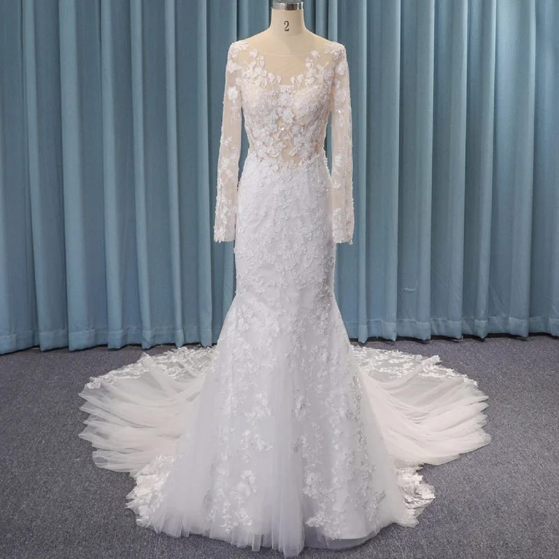 Sheer Bodice Long Sleeve Fit and Flare Lace Wedding Dresses