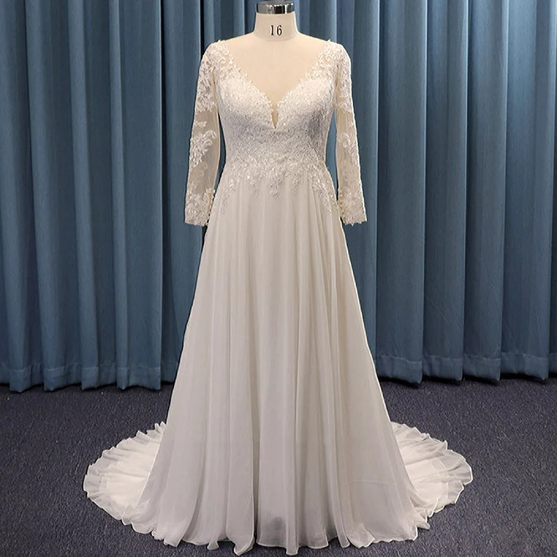 Sheer Long Sleeve V-neck Lace and Chiffon Plus Size Wedding Dress