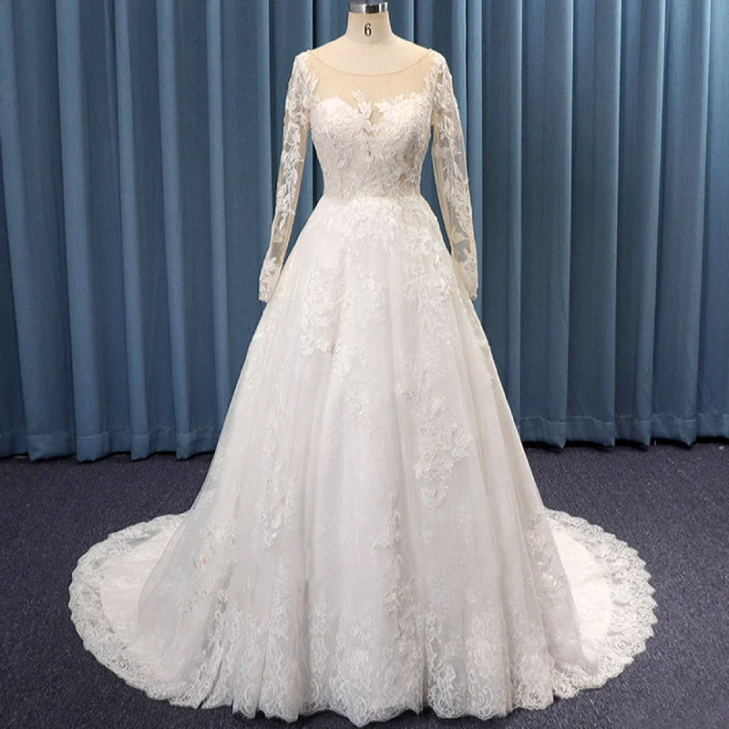 Sheer Neckline and Long Sleeve A-line Lace Wedding Dress