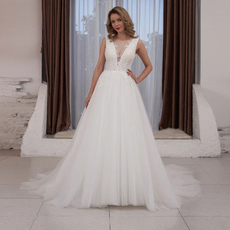 Sheer Plunging Deep V Neck A-line Tulle Wedding Dress Open Back