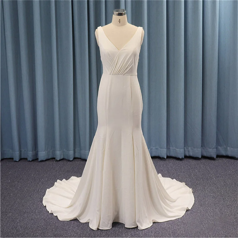 Timeless Simple Plain Satin Trumpet V-neck Wedding Dresses